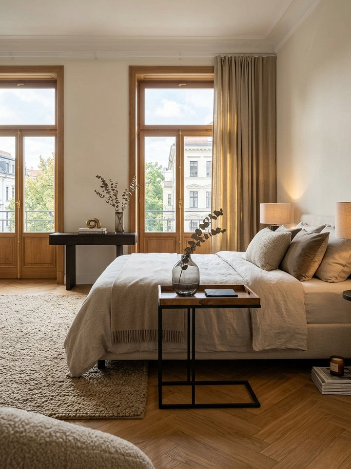 Eleganter Beistelltisch aus massivem Sheeshamholz in einem luxuriösen Wohnzimmer. Der C-Tisch mit schwarzem Metallgestell fügt sich harmonisch in das Modern-Classic Interieur ein._