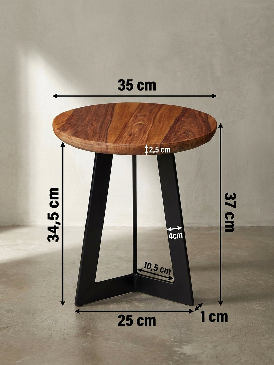 Technische Zeichnung des runden Holztisches mit genauen Maßangaben von 35x37x35 cm und der markierten Tischplattenstärke von 2,5 cm._