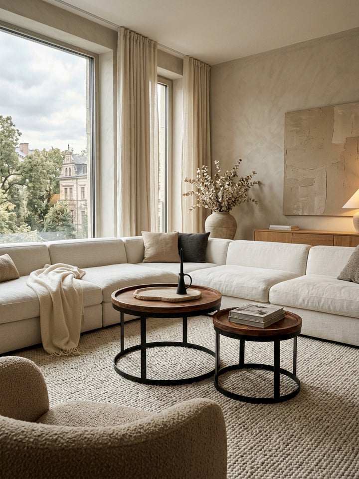 Satztische aus Sheesham Massivholz natur 53x53x45 cm in warmem modernem Wohnzimmer auf Sehr schwerer_