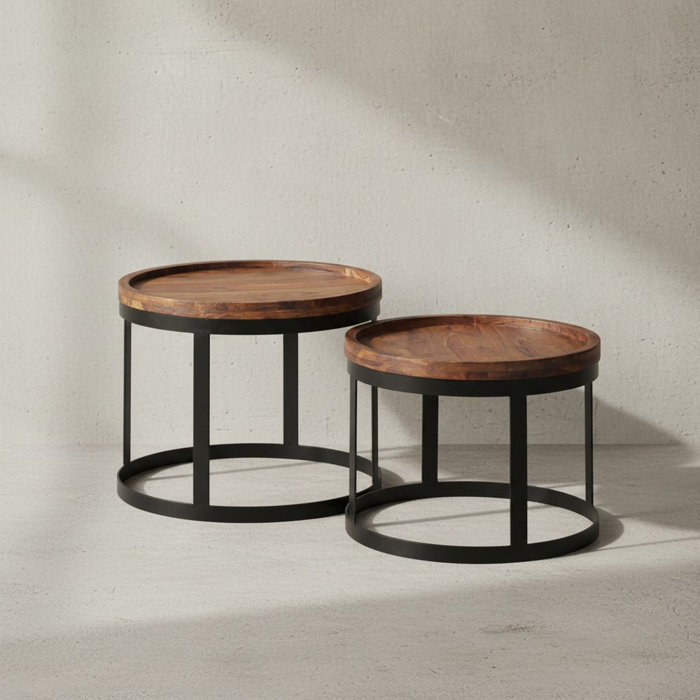 Beistelltisch-Set INDI_ 2er Set_ runde Tischplatten_ Metallgestell_ Massivholz_ naturbelassen - KADIMA DESIGN_Farbe_ Braun_ Größe_ 53x53x45 cm_