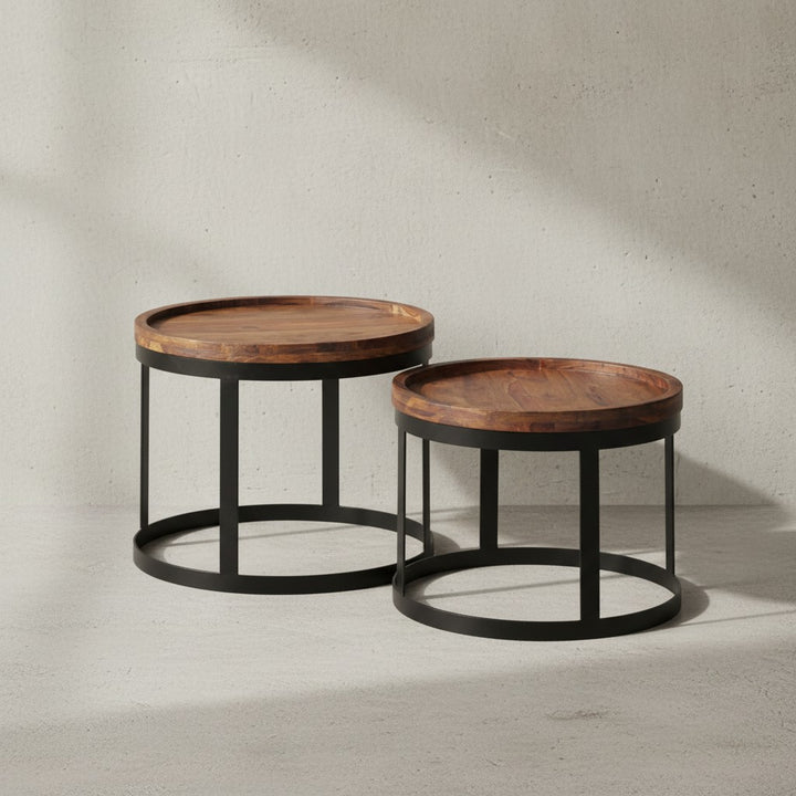 Beistelltisch-Set INDI_ 2er Set_ runde Tischplatten_ Metallgestell_ Massivholz_ naturbelassen - KADIMA DESIGN_Farbe_ Braun_ Größe_ 53x53x45 cm_