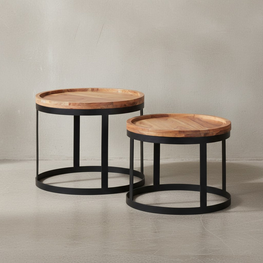 Beistelltisch-Set INDI_ 2er Set_ runde Tischplatten_ Metallgestell_ Massivholz_ naturbelassen - KADIMA DESIGN_Farbe_ Beige_ Größe_ 53x53x45 cm_