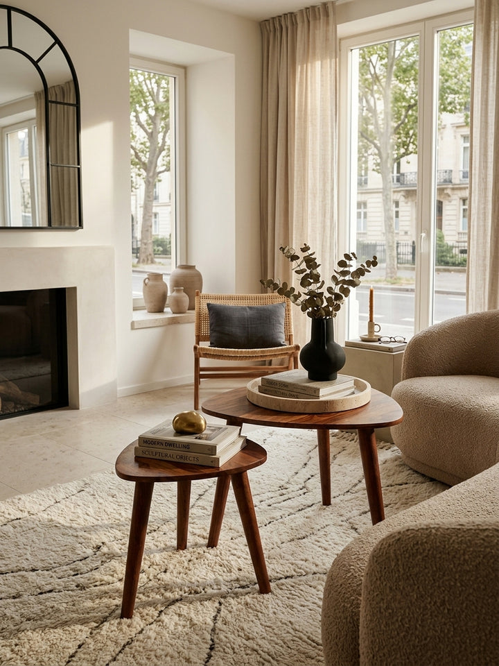 Draufsicht auf das Wohnzimmer-Setup: Der 60x60cm große Massivholz-Couchtisch und der kleinere Beistelltisch aus rötlich-braunem Palisander bilden eine flexible, stilvolle Einheit._