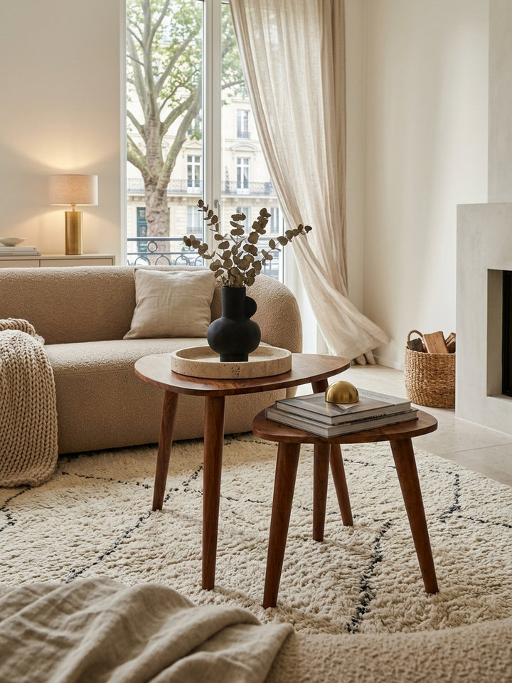 Elegantes Wohnzimmer im Organic-Modern-Stil mit einem zweiteiligen Satztisch aus massivem Sheeshamholz im Zentrum. Die organische Dreiecksform harmoniert mit hellen Textilien._