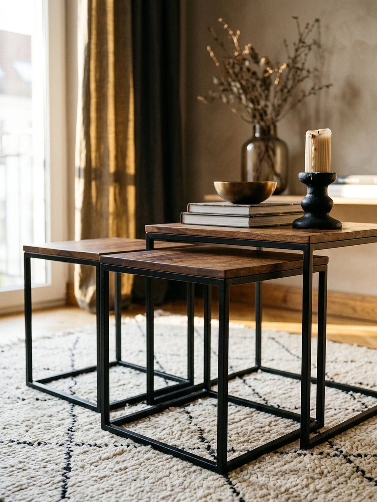 Beistelltisch-Set aus Sheesham Massivholz und Metall  3 Größen  Stilvolles Trio - KADIMA DESIGN Größe  40x40x42 cm