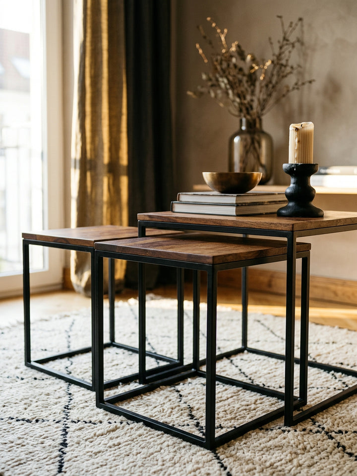 Beistelltisch-Set aus Sheesham Massivholz und Metall_ 3 Größen_ Stilvolles Trio - KADIMA DESIGN_Größe_ 40x40x42 cm_