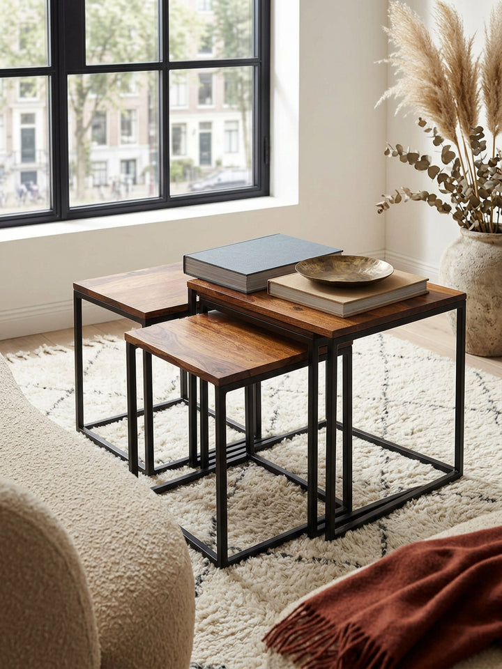 Beistelltisch-Set aus Sheesham Massivholz und Metall_ 3 Größen_ Stilvolles Trio - KADIMA DESIGN_Größe_ 40x40x42 cm_