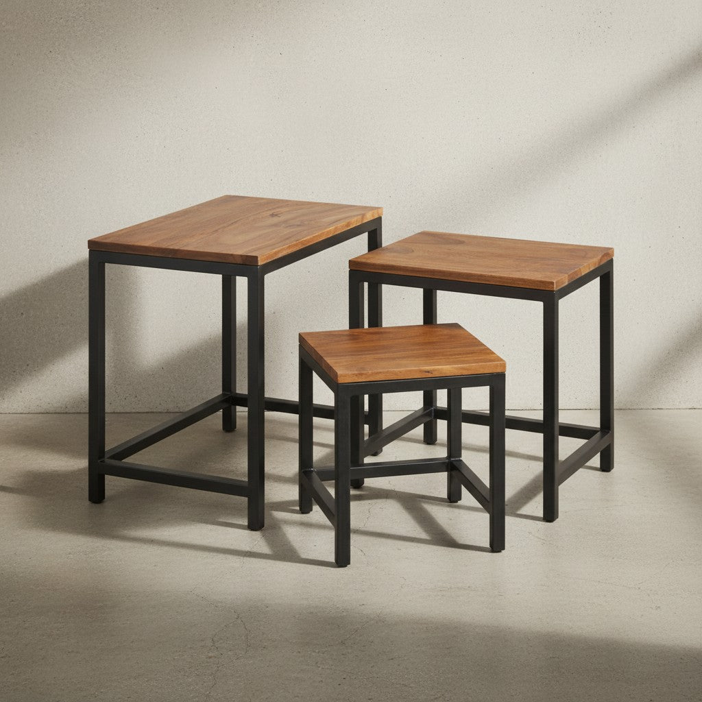 3er Set Beistelltische aus Sheesham-Massivholz und Metallbeinen_ Handgefertigt_ Langlebig - KADIMA DESIGN_Größe_ 45x30x45 cm_