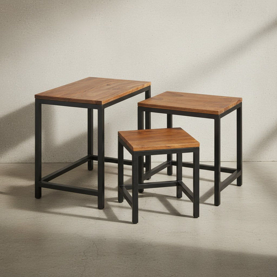 3er Set Beistelltische aus Sheesham-Massivholz und Metallbeinen_ Handgefertigt_ Langlebig - KADIMA DESIGN_Größe_ 45x30x45 cm_