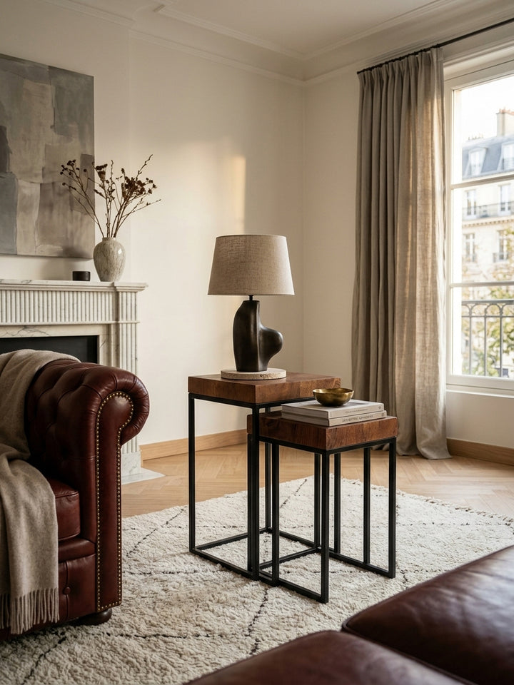 Eleganter Satztisch aus massivem Sheeshamholz und schwarzem Metallgestell im modernen Wohnzimmer. Das 2er Set Beistelltisch kombiniert Industrie-Design mit warmem Echtholz neben dem Sofa._