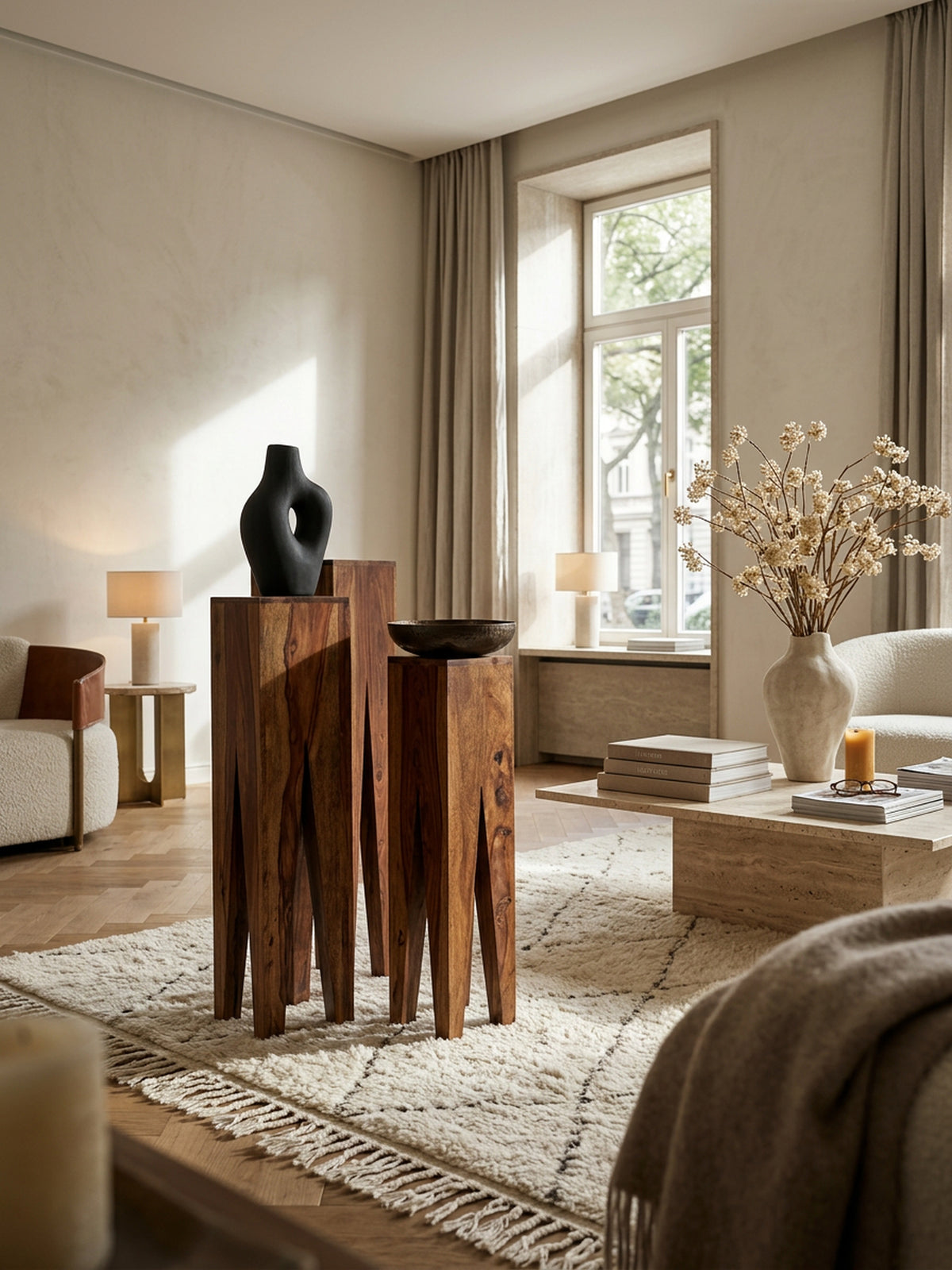 Beistelltisch-Set mit 3 Giraffenbeinen_ Massivholz_ rustikales Ambiente_ handgefertigt - KADIMA DESIGN_Farbe_ Braun_ Größe_ 25x25x100 cm_