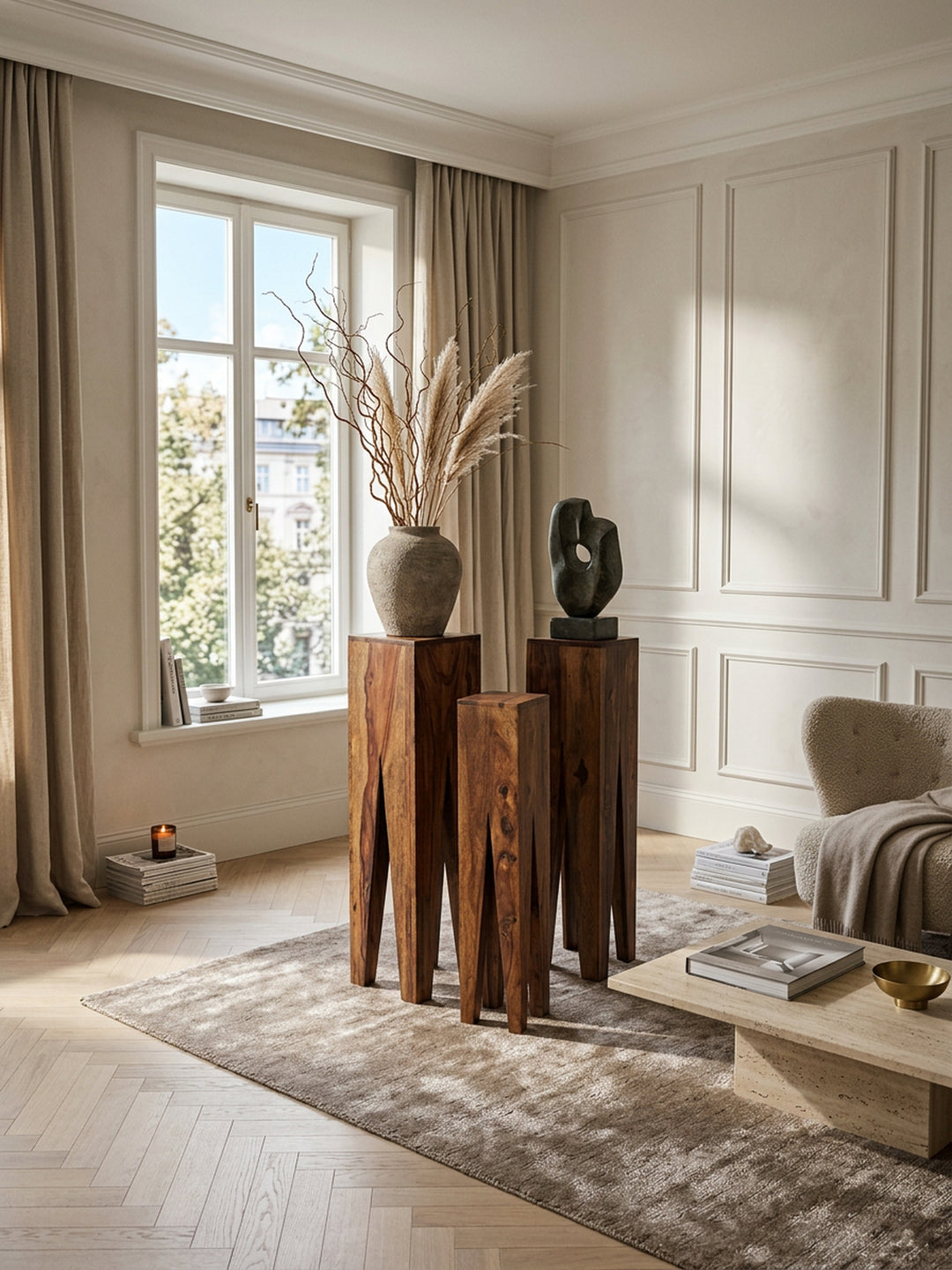 Beistelltisch-Set mit 3 Giraffenbeinen_ Massivholz_ rustikales Ambiente_ handgefertigt - KADIMA DESIGN_Farbe_ Braun_ Größe_ 25x25x100 cm_