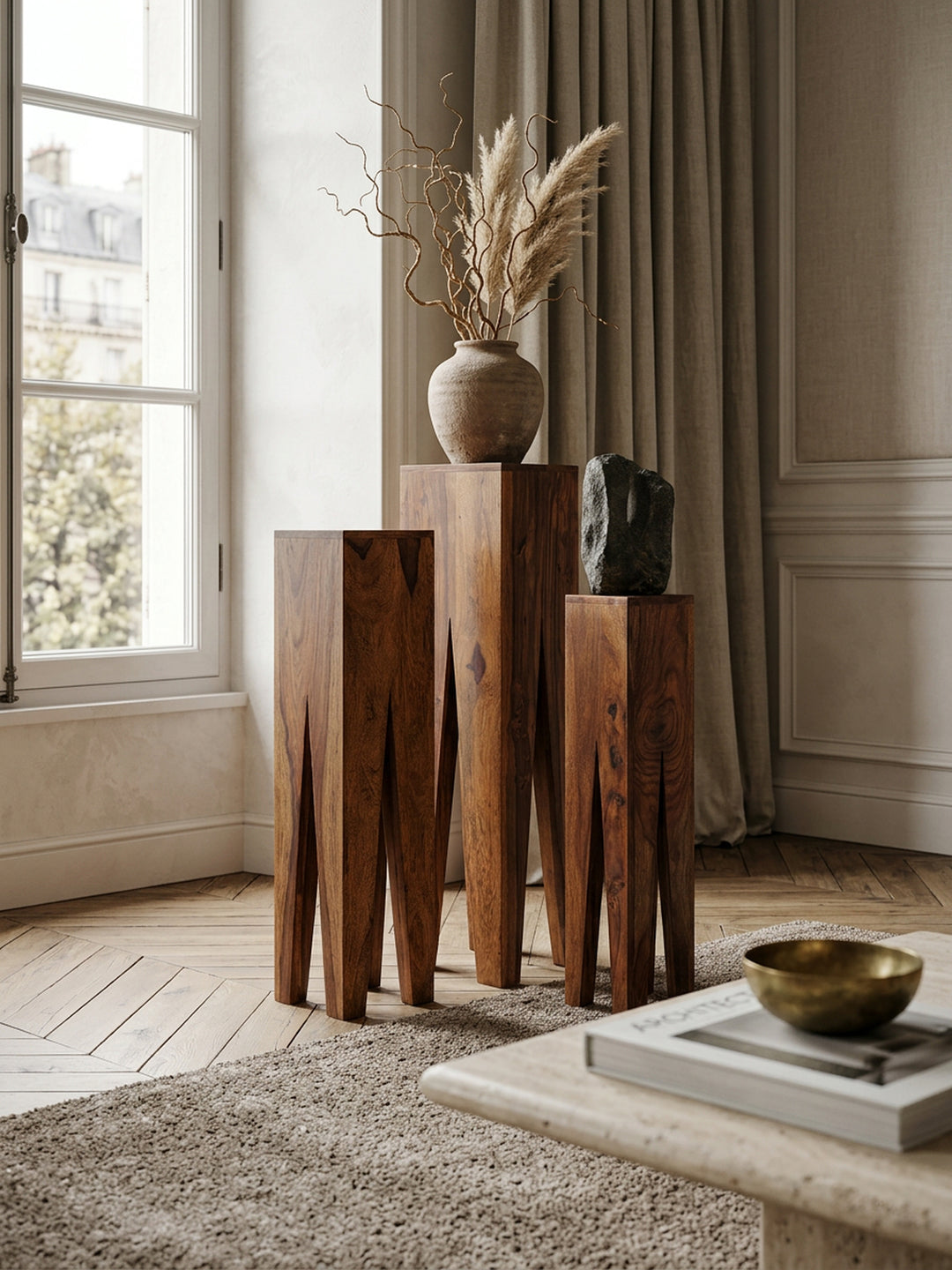 Beistelltisch-Set mit 3 Giraffenbeinen_ Massivholz_ rustikales Ambiente_ handgefertigt - KADIMA DESIGN_Farbe_ Braun_ Größe_ 25x25x100 cm_