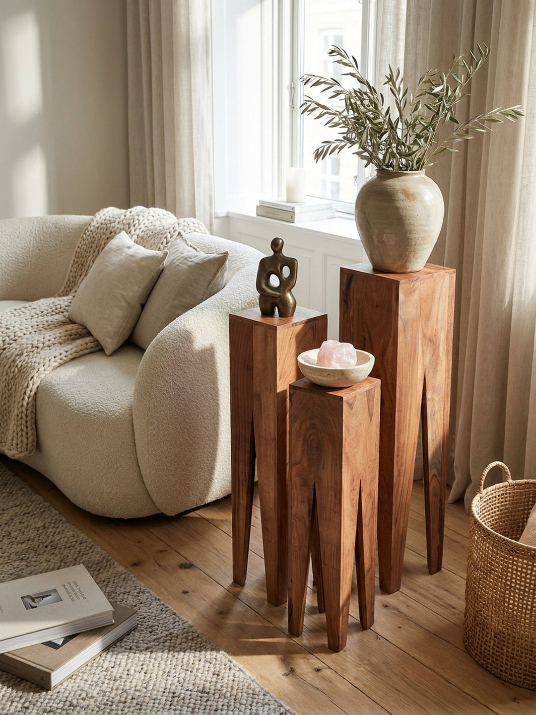 Satztische Akazie Massivholz natur 25x25x100 cm kombiniert mit passenden Möbeln Wohnzimmer Einrichtungsidee Möbelensemble mit Ablagefach harmonisch Wohnen Interior Zuhause Design modern_