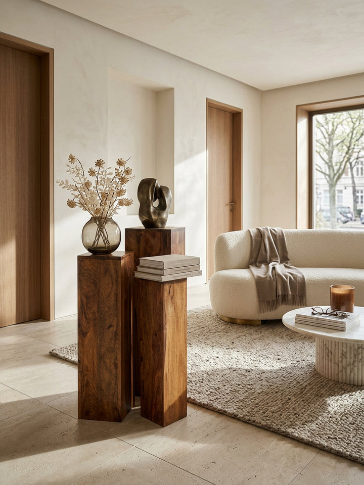 Beistelltisch-Sets Massivholz_ 3-teilig_ einzigartige Maserung_ ineinander verstaubar - KADIMA DESIGN_Farbe_ Braun_ Größe_ 24x24x85 cm_