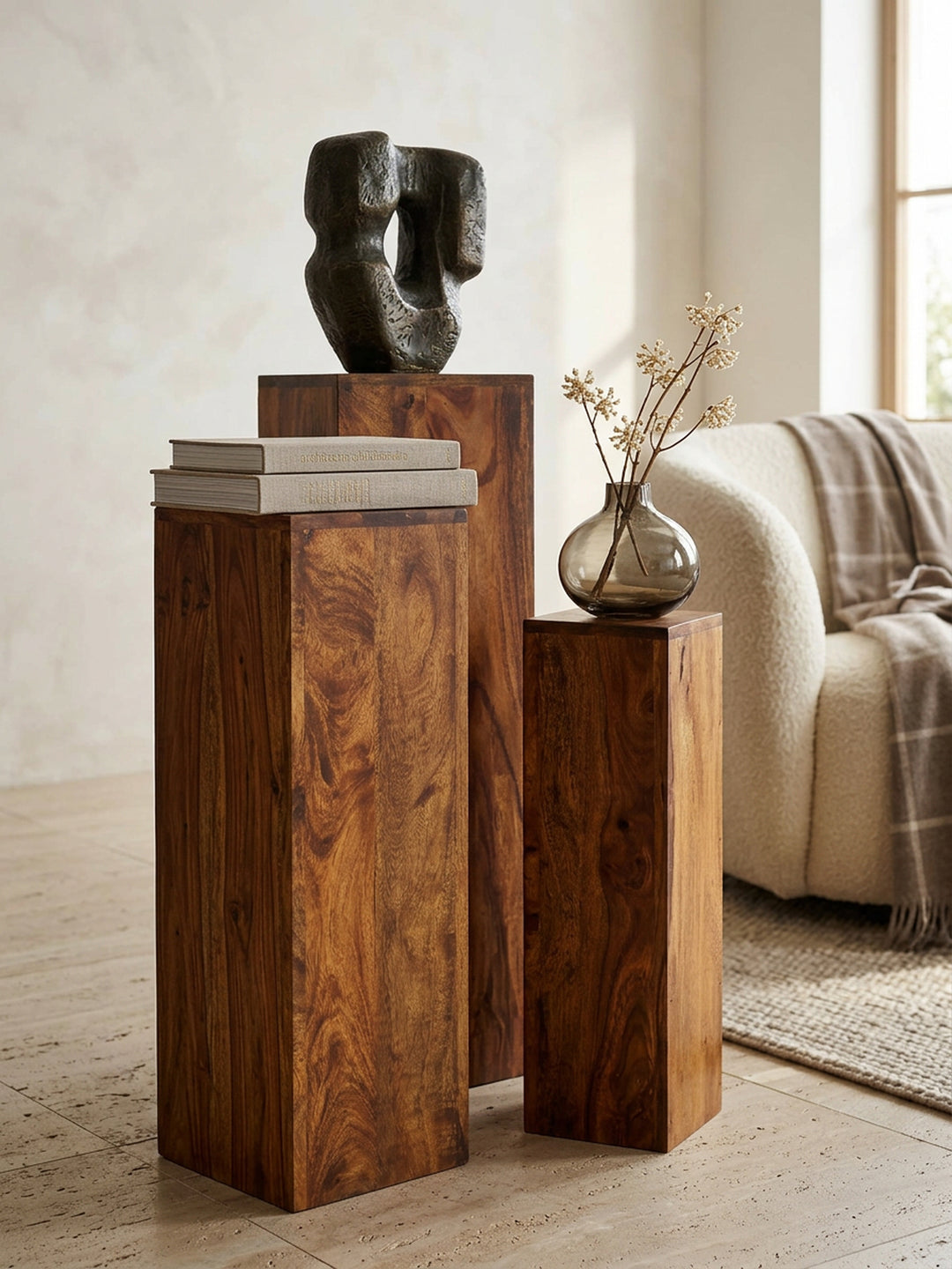 Beistelltisch-Sets Massivholz_ 3-teilig_ einzigartige Maserung_ ineinander verstaubar - KADIMA DESIGN_Farbe_ Braun_ Größe_ 24x24x85 cm_