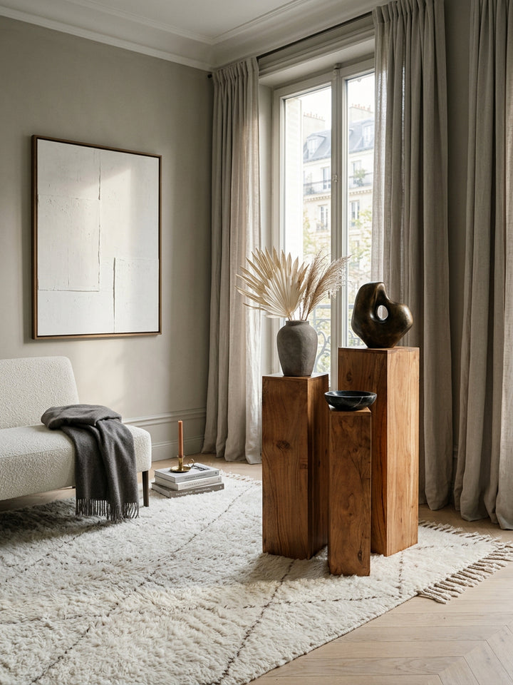 Beistelltisch-Sets Massivholz_ 3-teilig_ einzigartige Maserung_ ineinander verstaubar - KADIMA DESIGN_Farbe_ Beige_ Größe_ 24x24x85 cm_