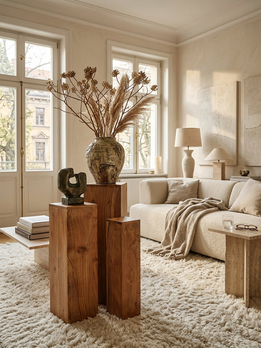 Beistelltisch-Sets Massivholz_ 3-teilig_ einzigartige Maserung_ ineinander verstaubar - KADIMA DESIGN_Farbe_ Beige_ Größe_ 24x24x85 cm_