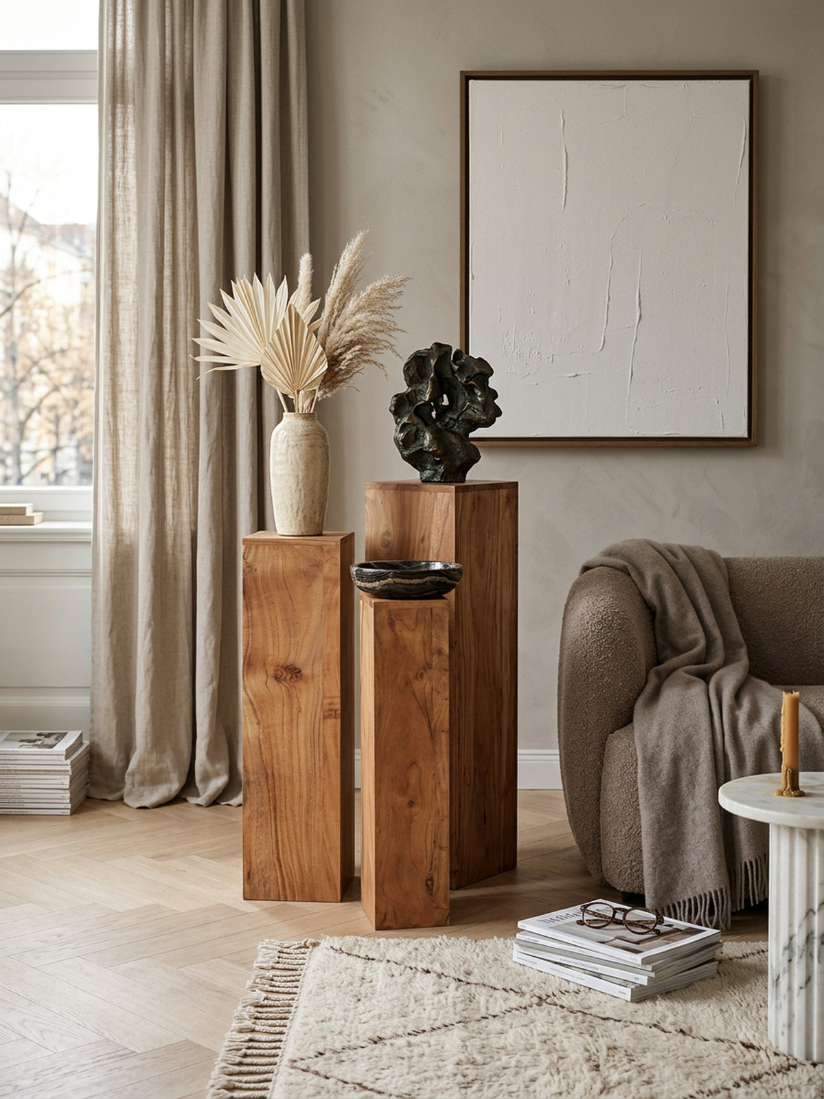 Beistelltisch-Sets Massivholz  3-teilig  einzigartige Maserung  ineinander verstaubar - KADIMA DESIGN Farbe  Beige  Größe  24x24x85 cm