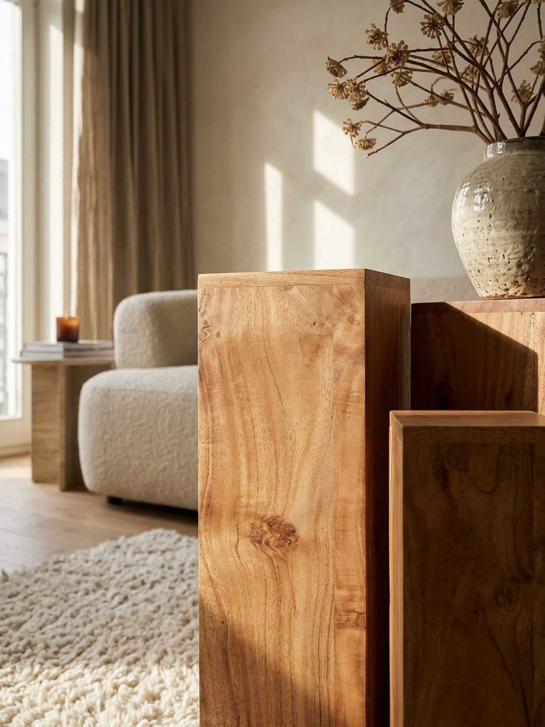 Beistelltisch-Sets Massivholz_ 3-teilig_ einzigartige Maserung_ ineinander verstaubar - KADIMA DESIGN_Farbe_ Beige_ Größe_ 24x24x85 cm_