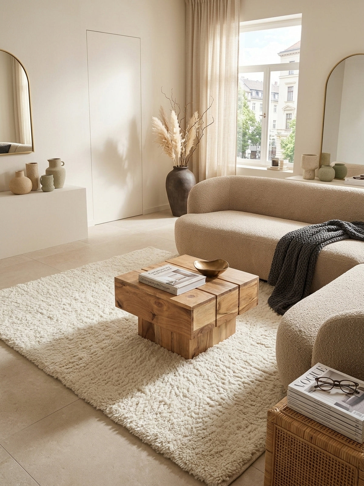 Beistelltische Akazie Massivholz natur - stilvolle Raumansicht von oben mit Dekoration Interior Design Wohninspiration KADIMA DESIGN hochwertige Einrichtung online bestellen