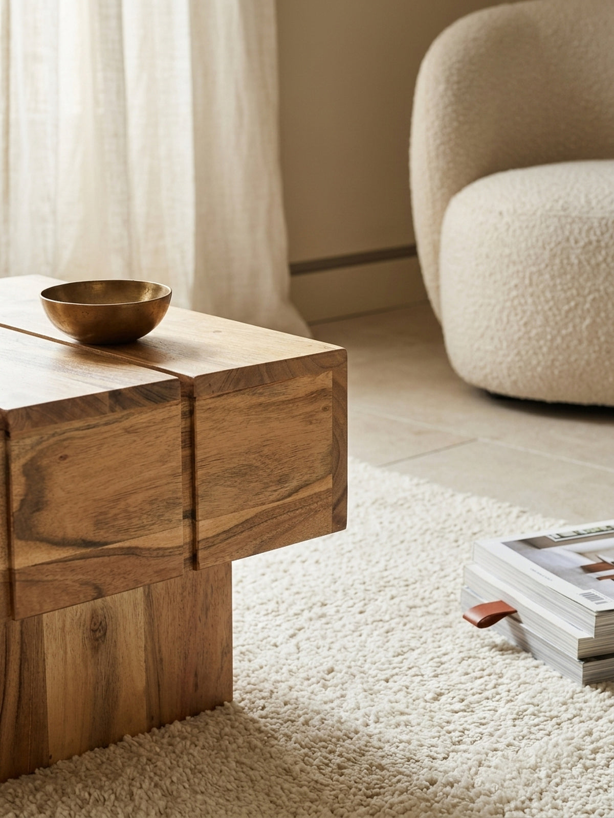 Detailansicht Akazie Massivholz Oberfläche - natürliche Maserung Beistelltische Materialqualität Nahaufnahme Premium Verarbeitung KADIMA DESIGN handgefertigt