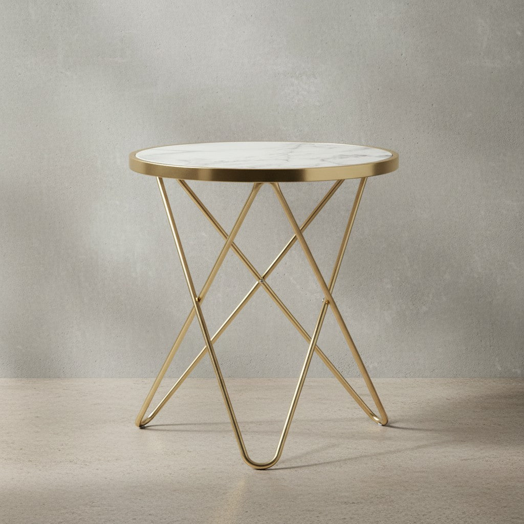 Beistelltisch in Marmoroptik_ goldener Tischgestell_ moderne Akzente_ Ø 55 cm x 57 cm - KADIMA DESIGN_Größe_ 55x55x57 cm_