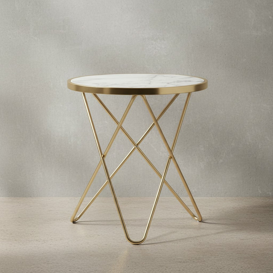 Beistelltisch in Marmoroptik_ goldener Tischgestell_ moderne Akzente_ Ø 55 cm x 57 cm - KADIMA DESIGN_Größe_ 55x55x57 cm_