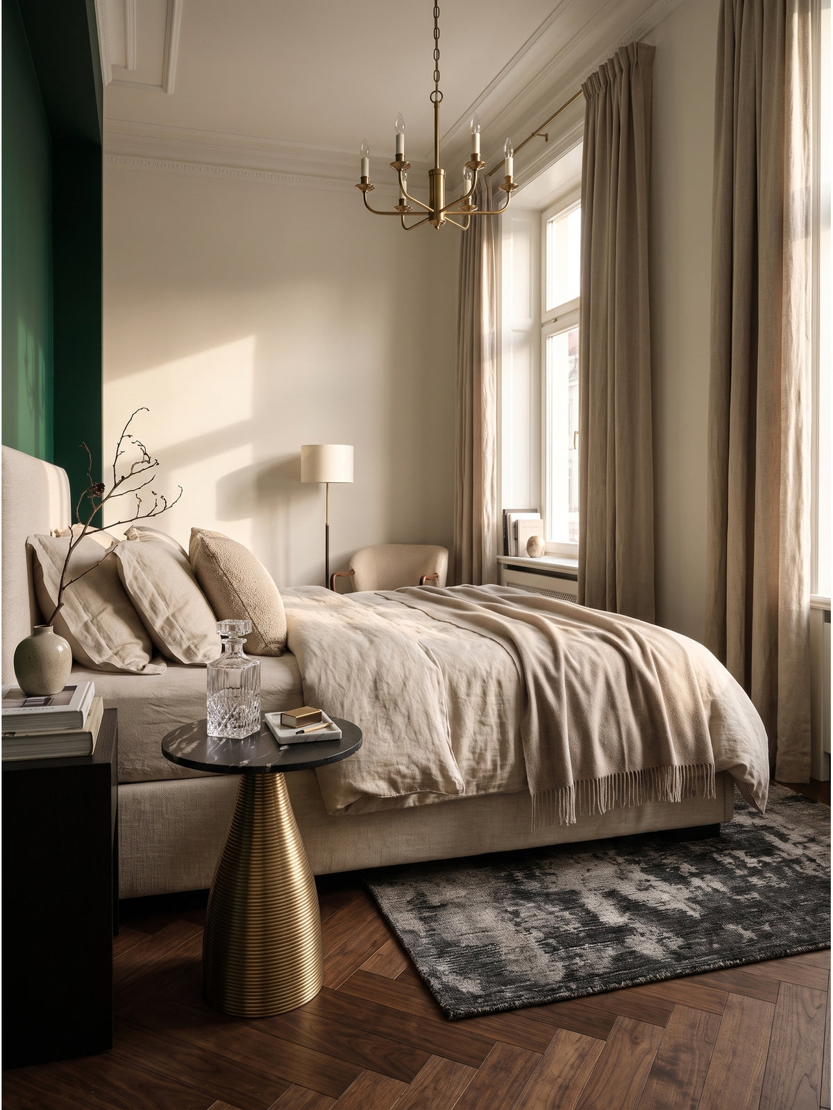 Moderner Marmor-Couchtisch kombiniert mit einem smaragdgrünen Samtsessel und einem cremefarbenen Art-Deco-Teppich in einem großzügigen, lichtdurchfluteten Wohnbereich mit hohen Decken._