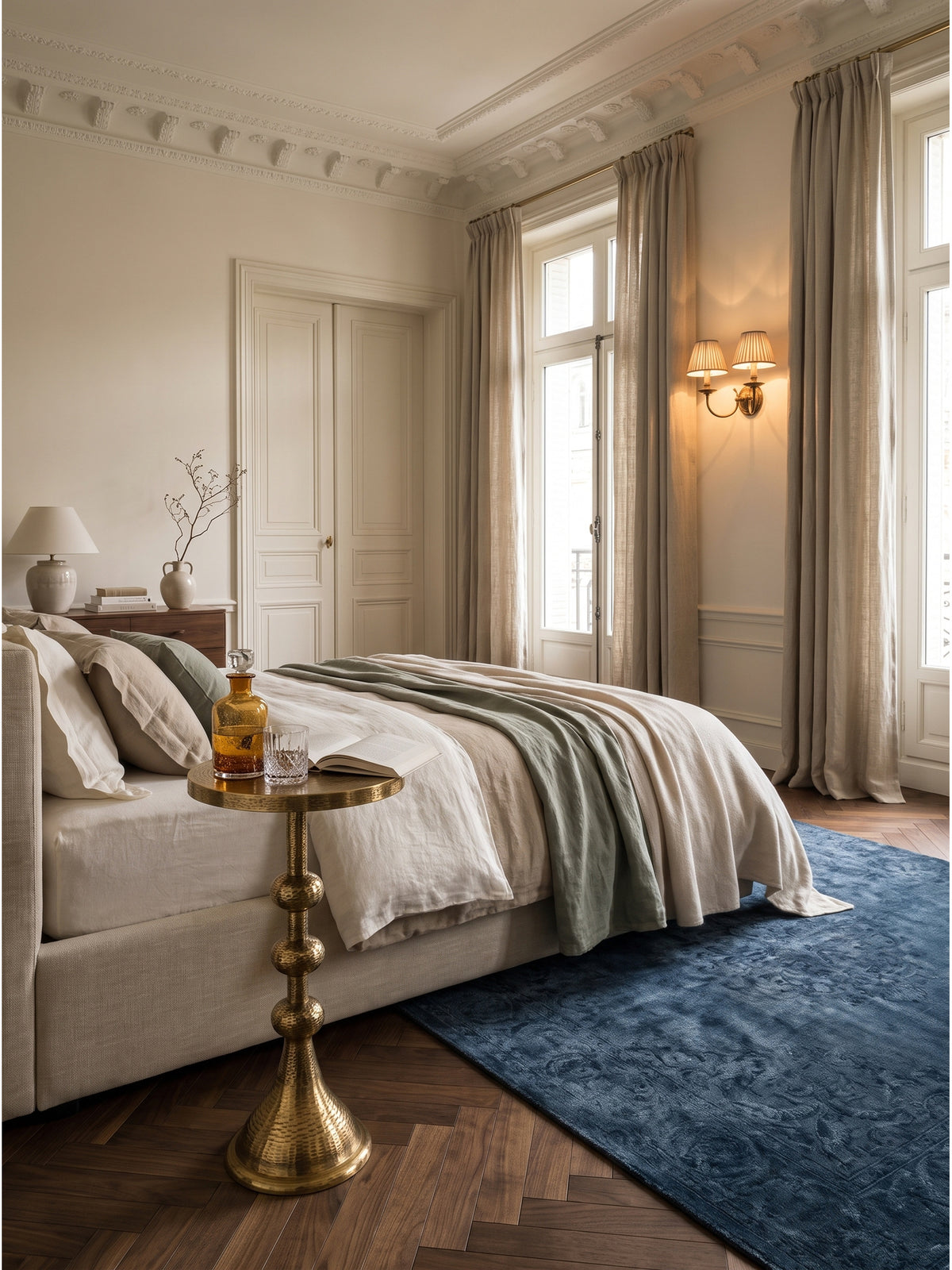 Luxuriöser Beistelltisch aus gehämmertem Aluminium in Gold neben einem nachtblauen Samtsofa vor einer smaragdgrünen Akzentwand im eleganten Art-Deco-Wohnzimmer.
