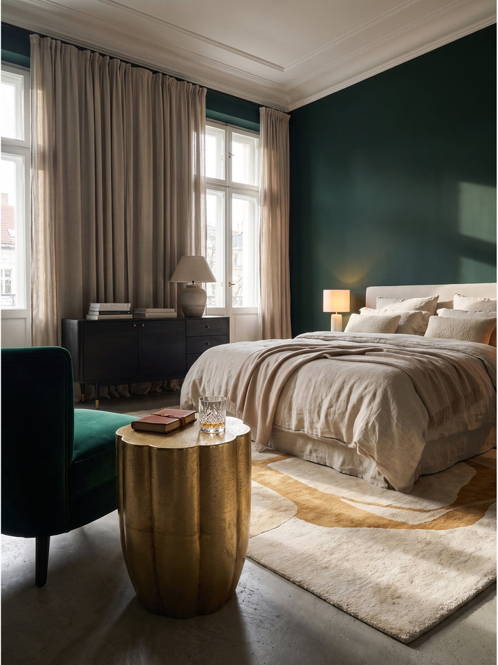 Eleganter Sofatisch aus Aluminium goldfarben arrangiert mit einem dunklen Sessel auf Walnussparkett_