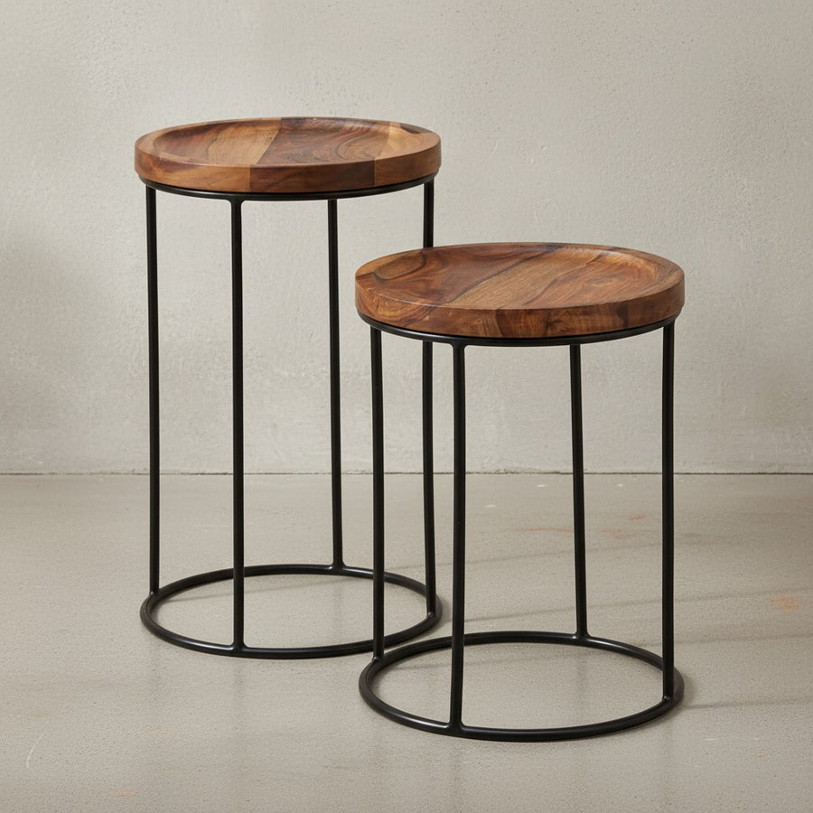 Massivholz Beistelltische_ Industrieller Stil_ Sheesham Holz und Metall_ 2er Set - KADIMA DESIGN_Größe_ 30x30x54 cm_