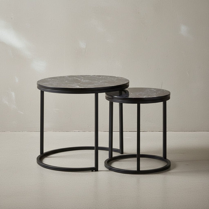 Runde Beistelltische_ Marmor Optik_ Modern_ Platzsparend_ 50/35 cm - KADIMA DESIGN_Farbe_ Schwarz_ Größe_ 50x50x45 cm_