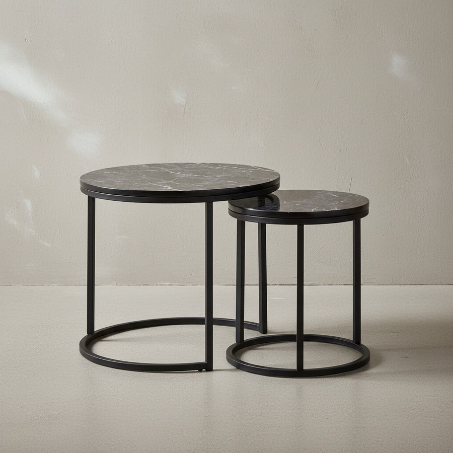 Runde Beistelltische_ Marmor Optik_ Modern_ Platzsparend_ 50/35 cm - KADIMA DESIGN_Farbe_ Schwarz_ Größe_ 50x50x45 cm_