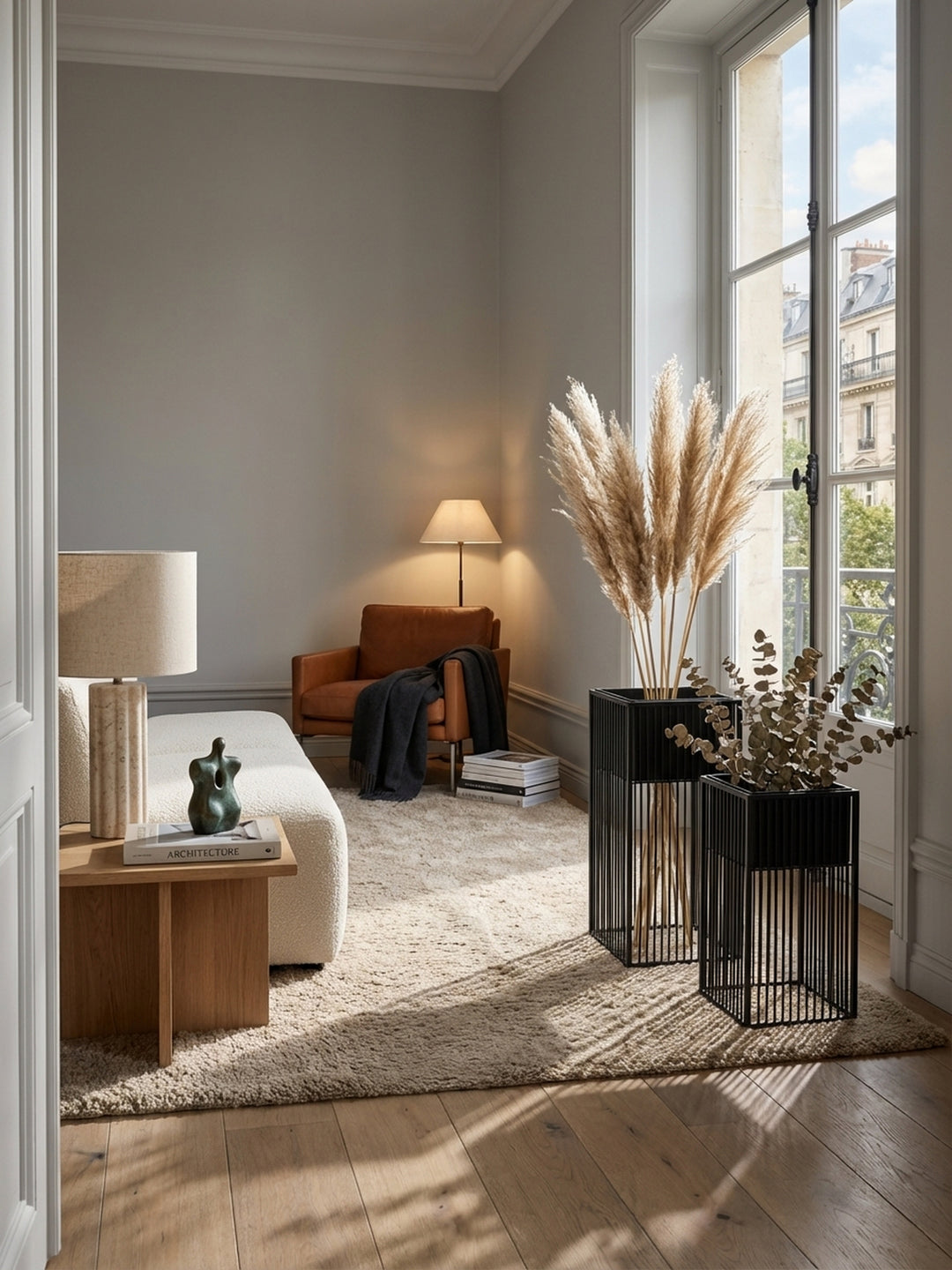 Modernes Wohnzimmer mit zwei schwarzen Metall-Pflanzkübeln neben einem großen Fenster, die mit Trockenblumen dekoriert sind und Schatten auf den Holzboden werfen._