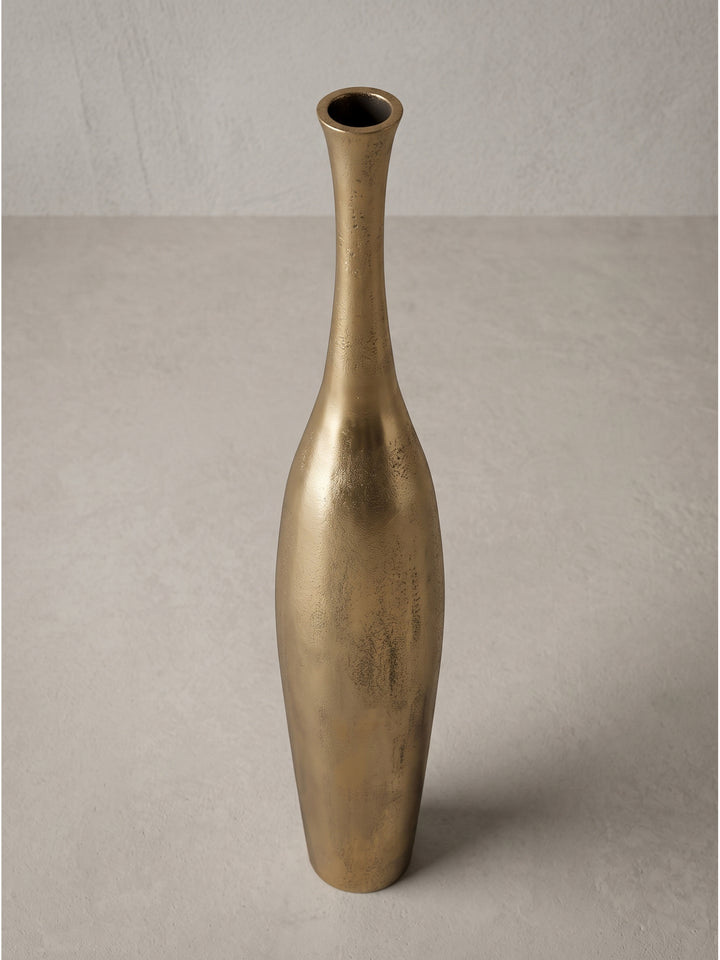 Elegante Deko Vase Bottle aus Aluminium in Gold mit schmalem Hals und bauchiger Mitte_