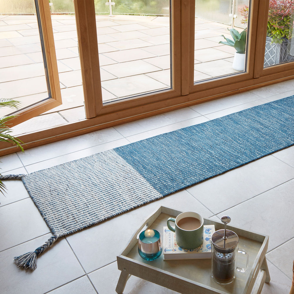 Teppich Kurzflor Gestreift - Zweifarbig - mit Fransen wendbar - Flur_Blau_Läufer_