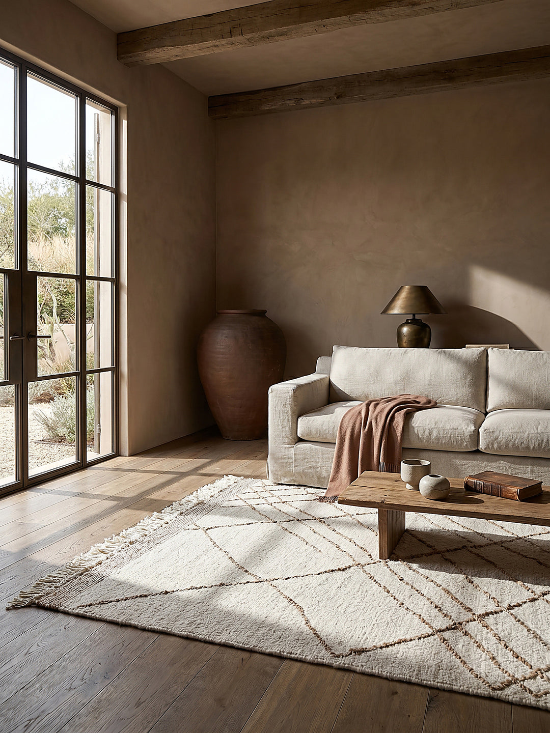 Teppich Beige-Natur rechteckig im modernen Wohnzimmer vor warm white textured limewash with subtle Einrichtungsidee_