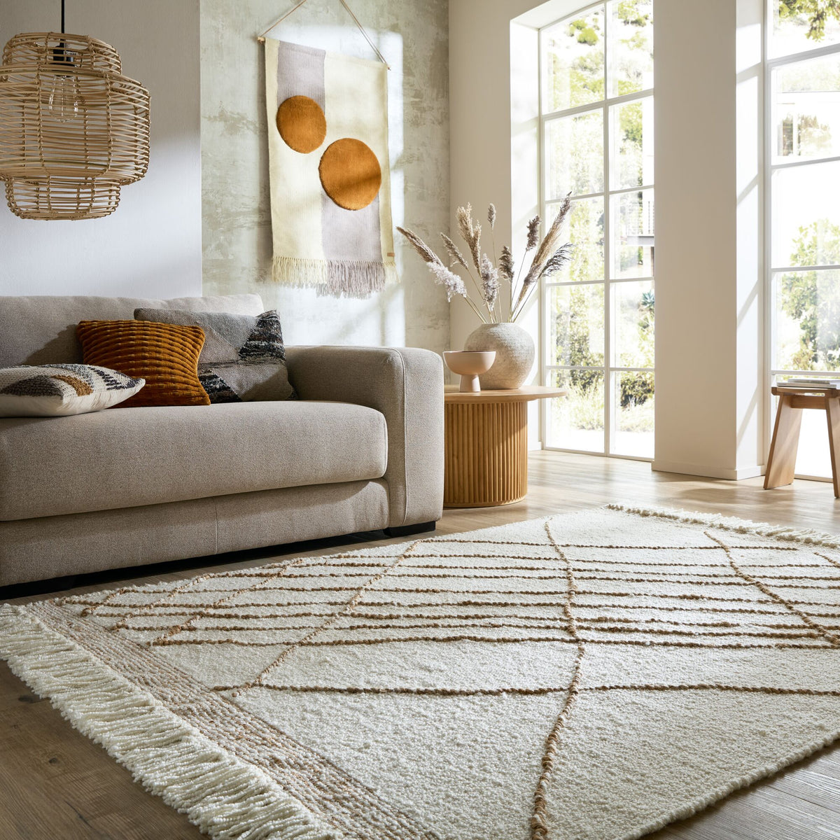 Teppich Kurzflor Streifen Muster - Abstrakt - Wohnzimmer Beige-Natur Rechteckig