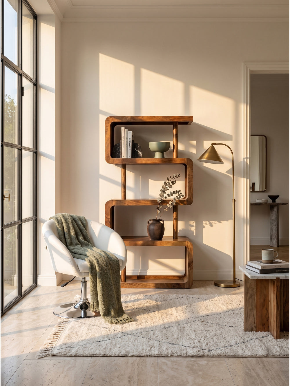 Skulpturales Bücherregal aus Mango Massivholz in Zickzack-Form freistehend als Raumteiler auf hellem Travertinboden_