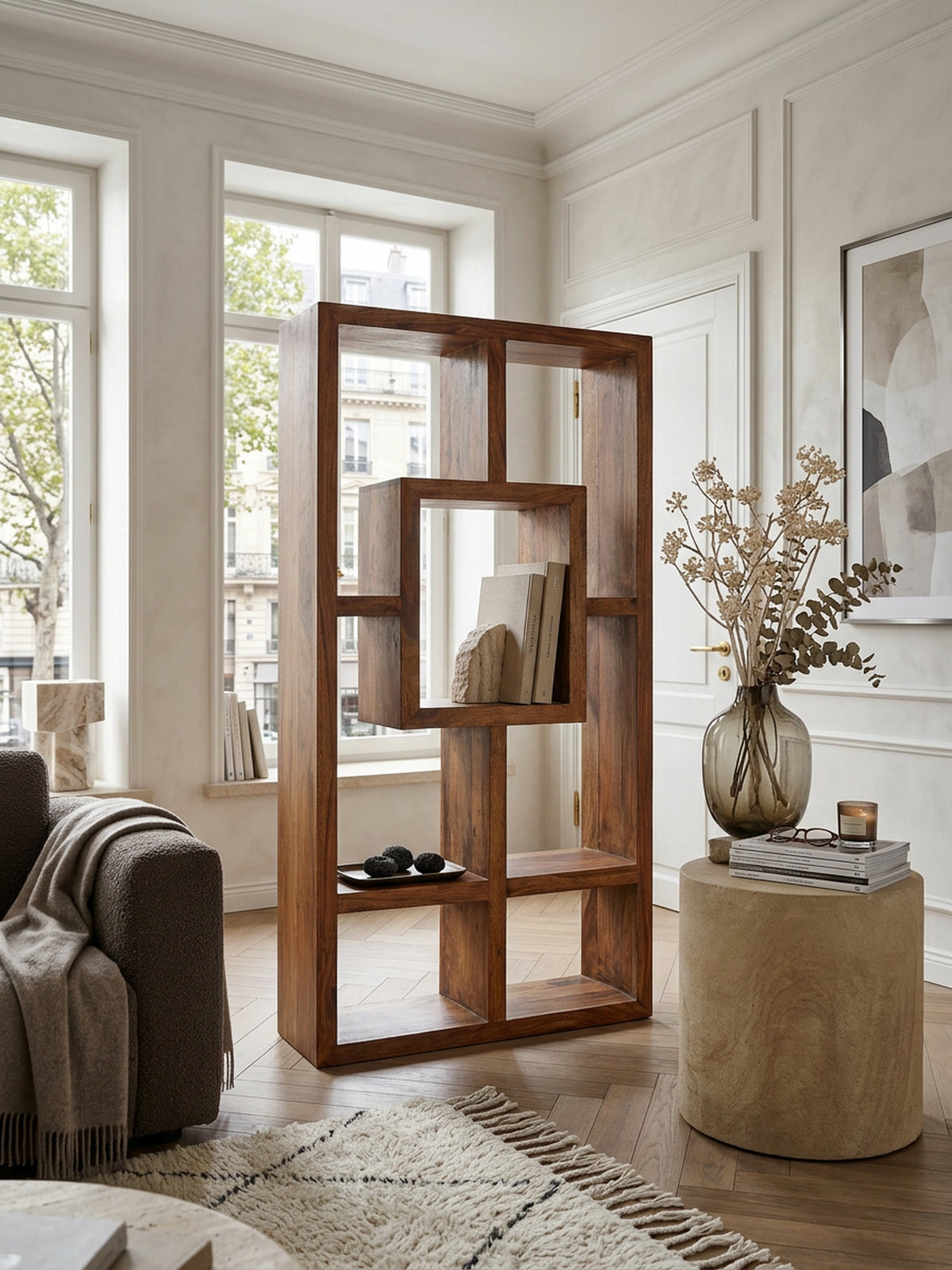 Bücherregal NAKO Sheesham-Holz  90x180 cm  Landhaus-Stil  Ablagefächer - KADIMA DESIGN Größe  90x35x180 cm