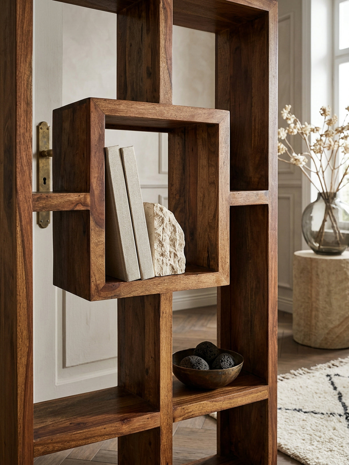 Bücherregal NAKO Sheesham-Holz  90x180 cm  Landhaus-Stil  Ablagefächer - KADIMA DESIGN Größe  90x35x180 cm