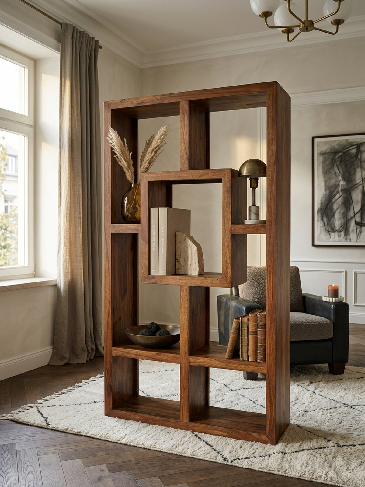 Bücherregal NAKO Sheesham-Holz  90x180 cm  Landhaus-Stil  Ablagefächer - KADIMA DESIGN Größe  90x35x180 cm