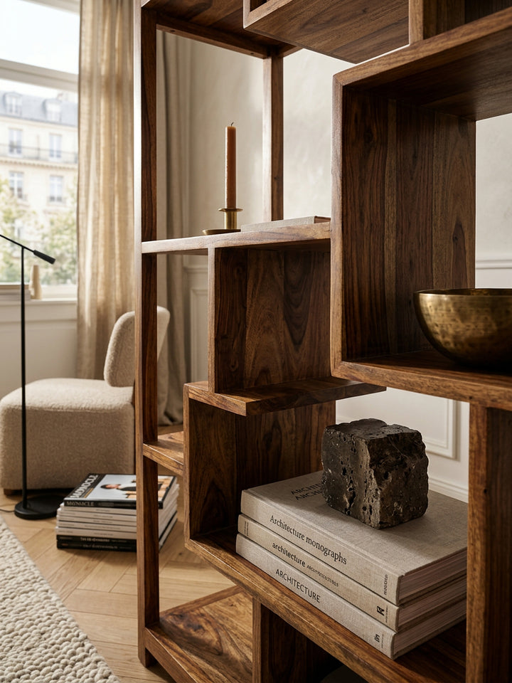 Bücherregal aus Sheesham-Holz_ 115x180 cm_ Landhaus-Stil_ Ablagefächer - KADIMA DESIGN_Größe_ 115x40x180 cm_