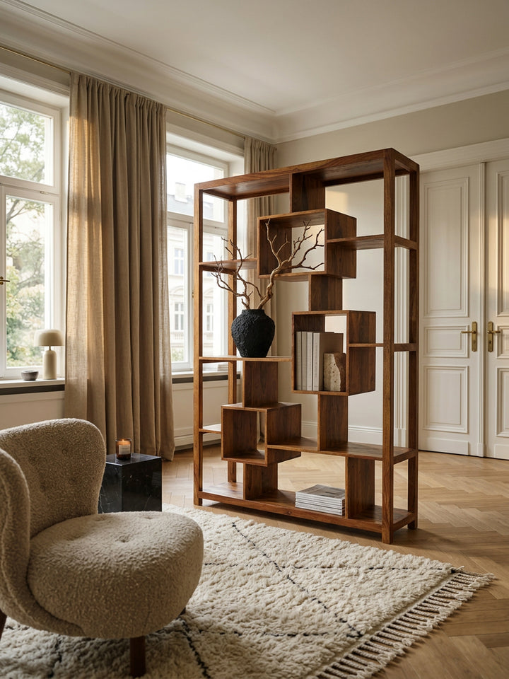 Bücherregal aus Sheesham-Holz_ 115x180 cm_ Landhaus-Stil_ Ablagefächer - KADIMA DESIGN_Größe_ 115x40x180 cm_