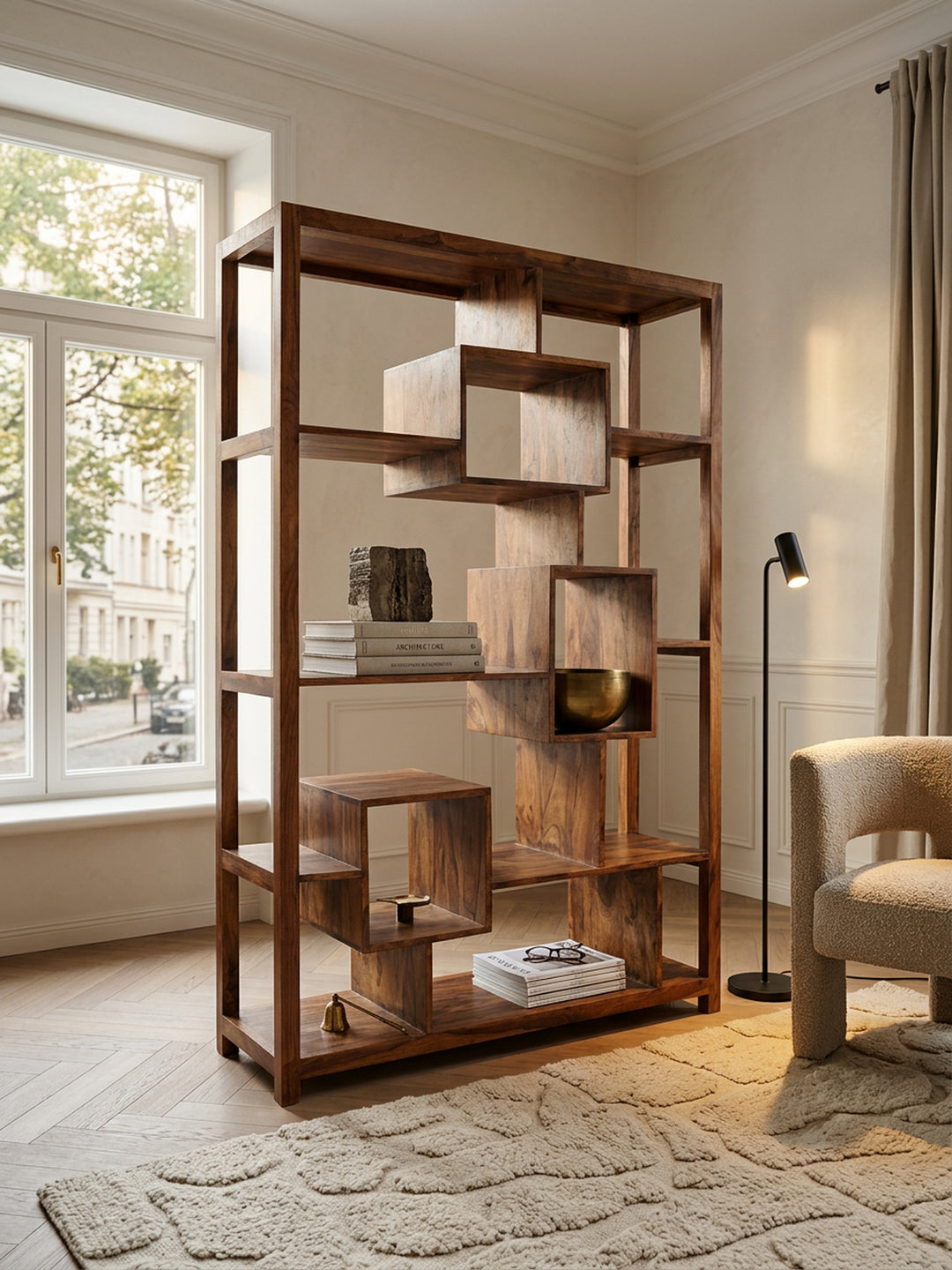 Bücherregal aus Sheesham-Holz_ 115x180 cm_ Landhaus-Stil_ Ablagefächer - KADIMA DESIGN_Größe_ 115x40x180 cm_