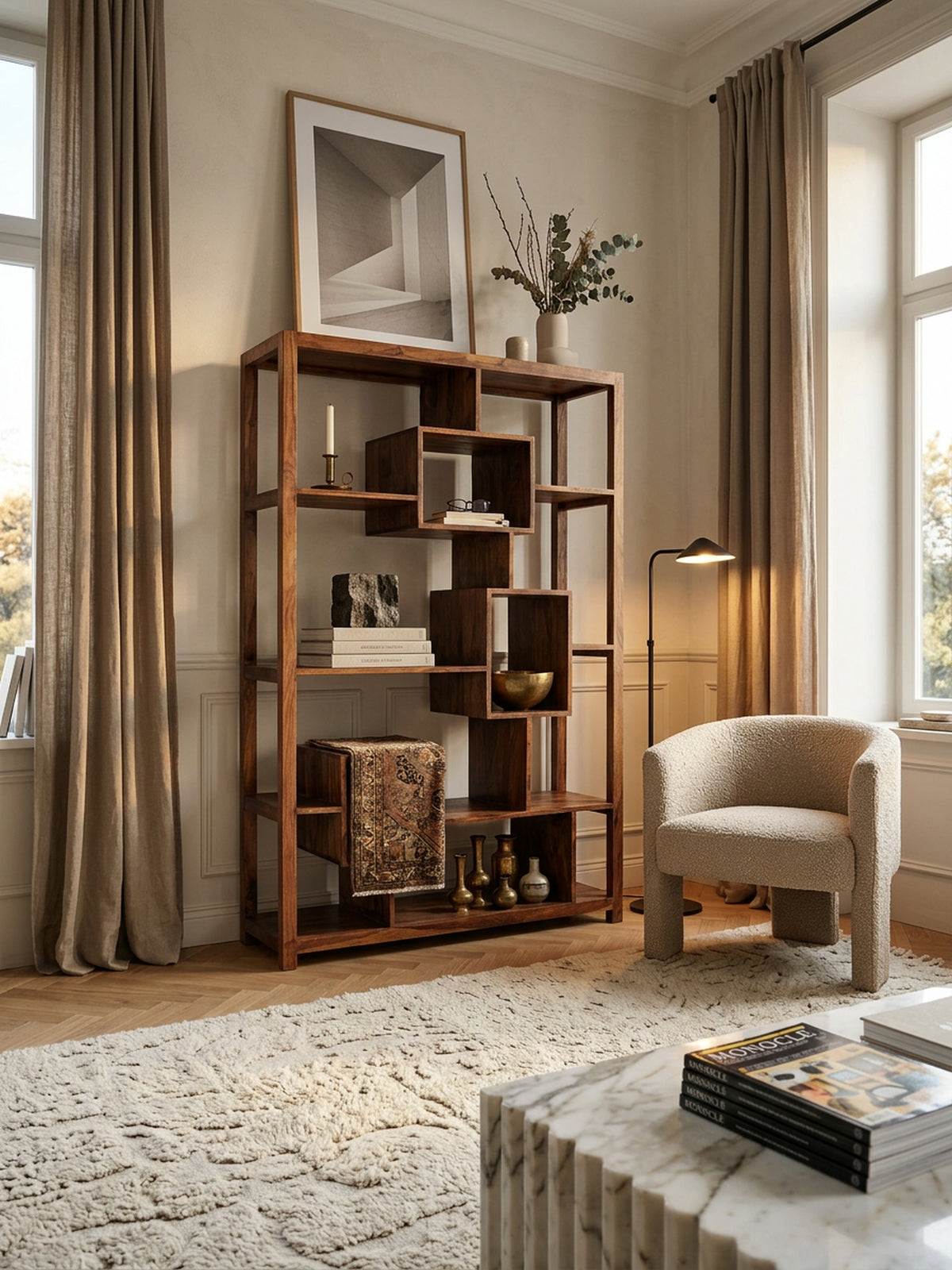 Bücherregal aus Sheesham-Holz  115x180 cm  Landhaus-Stil  Ablagefächer - KADIMA DESIGN Größe  115x40x180 cm