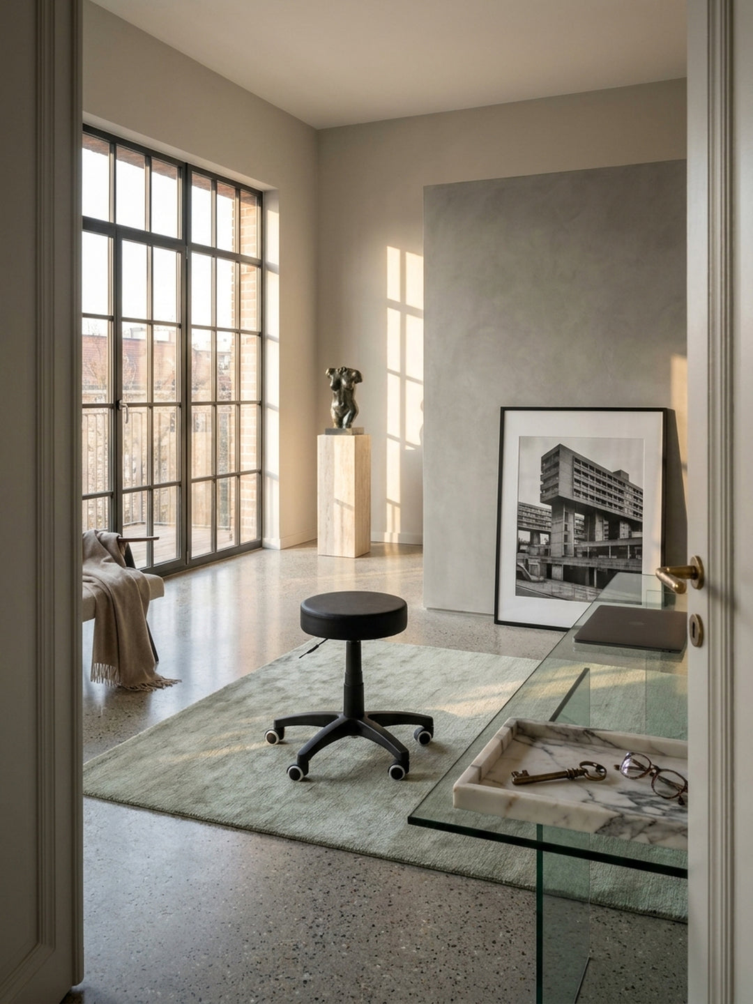 Ein funktionaler schwarzer Arbeitshocker aus pflegeleichtem Kunstleder steht frei auf einem polierten Betonboden in einem modernen Architekturbüro mit minimalistischem Schreibtisch._