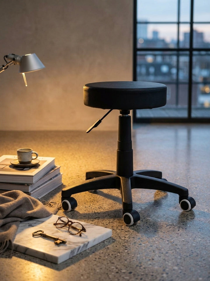 Höhenverstellbarer Drehhocker platziert neben einem puristischen Rollcontainer aus Metall, darauf eine architektonische Tischleuchte und internationale Architekturmagazine im Industrie Loft._