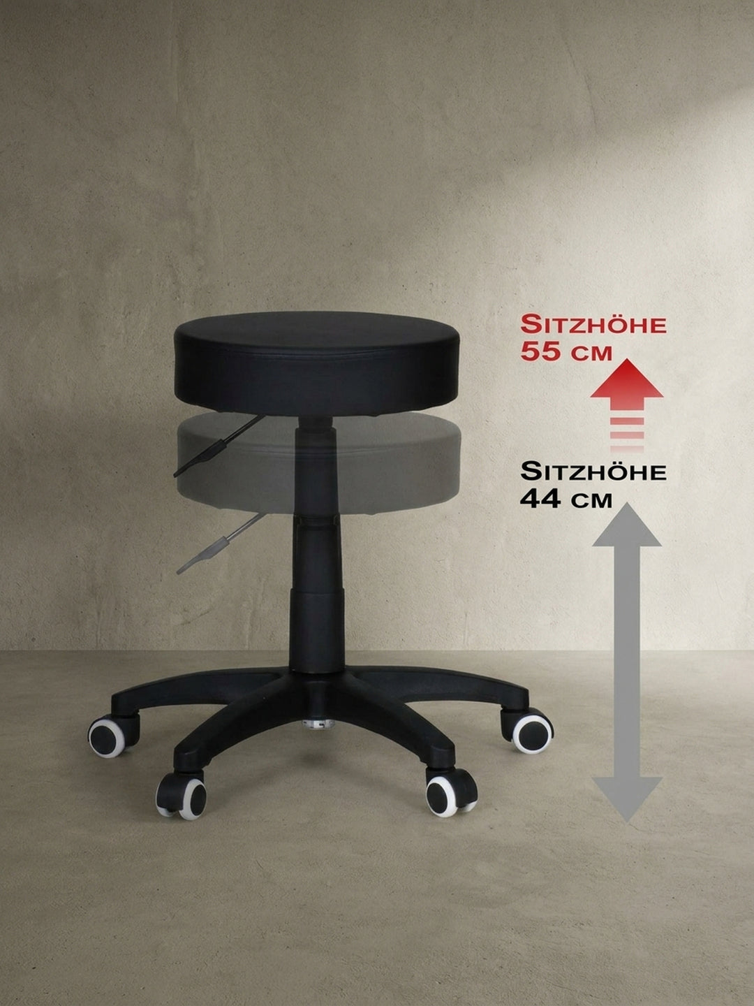 Exakte Maßzeichnung des schwarzen Drehhockers mit genauer Angabe der flexiblen Sitzhöhe von minimal 44 cm bis hin zu maximal 55 cm sowie dem sehr kompakten 35 cm großen Sitzdurchmesser._
